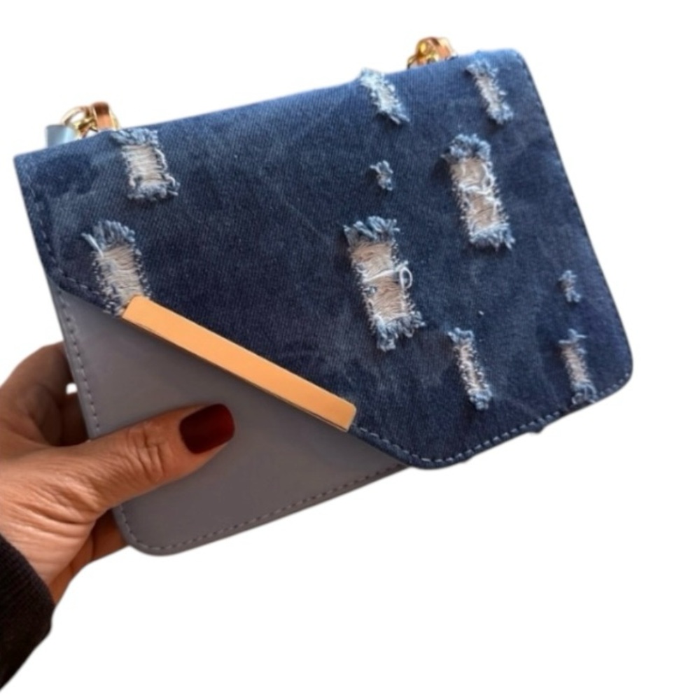DENIM Stylish Blue Denim Small Crossbody Bag Versatile Gold Strap Magnetic Close